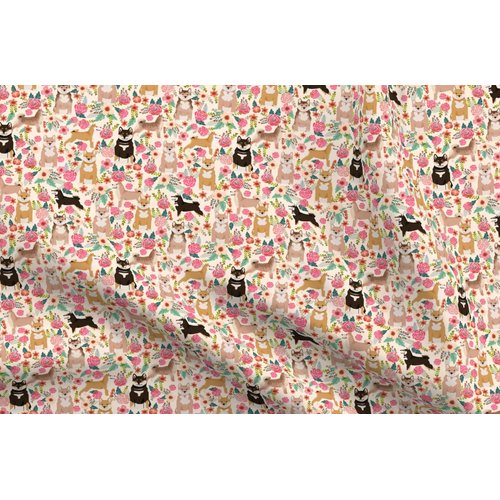 Spoonflower Fabric - Shiba Red Black Tan Dogs Dog Cute Flowers Florals Pets Canine Pet Printed on Denim Fabric Fat Quarter - Bottomweight Apparel Home Decor Upholstery
