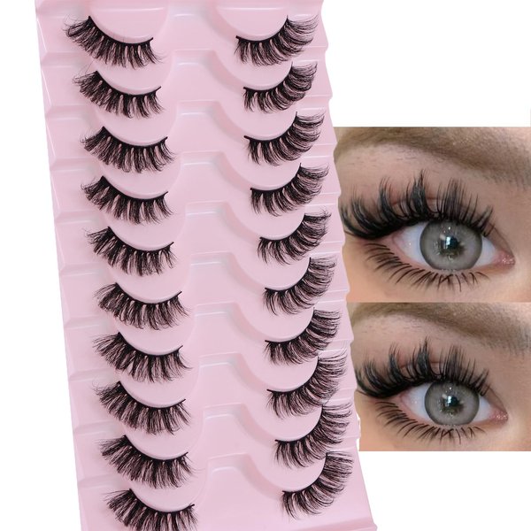 outopen 10 Pairs Half Lashes 3D Multi-Layers Fluffy Cat Eye Lashes Clear Band Natural Look False Eyelashes That Look Like Extensions 15mm Curl Volume Lashes Reusable (A2)