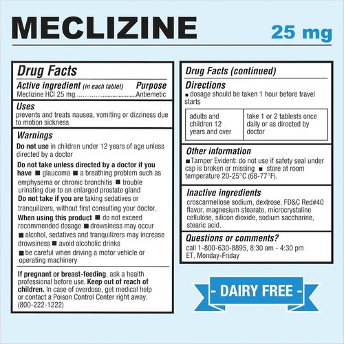 Puregen Labs Meclizine 25 mg Antiemetic 200 chewable Tablets | Motion Sickness Relief - Prevent Nausea, Vomiting, and Dizziness | Dairy Free | Made in USA | Value Pack – 200 chewable Tablets