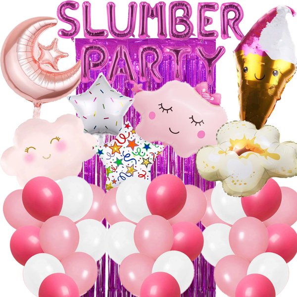 50 Pieces Slumber Party Decorations Girls Rose Red Party Balloons Sleepover Pajama Spa Party Decor Foil Popcorn Balloons Cloud Moon Balloons Latex Balloons for Birthday Bridal Shower (Rose red)