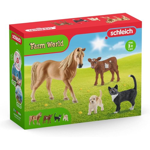 Schleich Farm World 4pc Animal Figurine Starter Playset - Educational Farm Animal Collection Starter Kit Toy with Cat, Horse, Puppy, and Calf, Durable for Boys and Girls, Gift for Kids Ages 3+