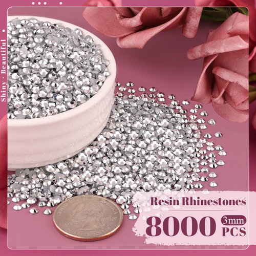 8000PCS 3mm Resin Rhinestones Bulk for Crafting (Silver), Flatback Bedazzling Crystals for Crafts DIY Nail Decoration, Gems Charms for Tumbler Shoes Clothing Fabric with Pickup Pen and Tweezers