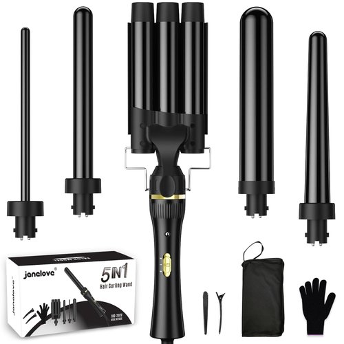 5 in 1 Wand Curling Iron, janelove Hair Curling Wand Set with 3 Barrel Hair Crimper and 4 Interchangeable Ceramic Curling Irons (0.39 "-1.25"), 2 Temps Fast Heat Hair Waver Curler for All Hair Type