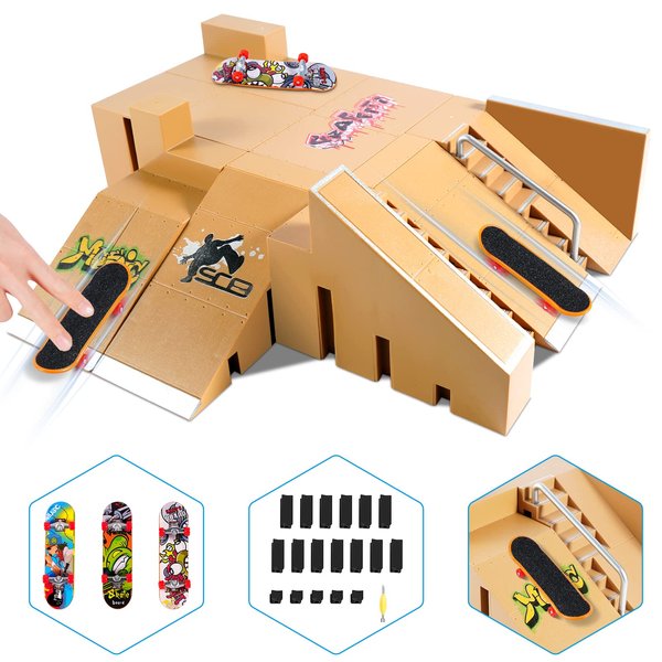 Fingerboard Skate Park Kit,Skateboard Finger Toys with 3 Finger Skateboards & 8 Skatepark Deck Ramp for Boys or Girls Gift, Mini Finger Board Skate Training for Kids Ages 5 and up