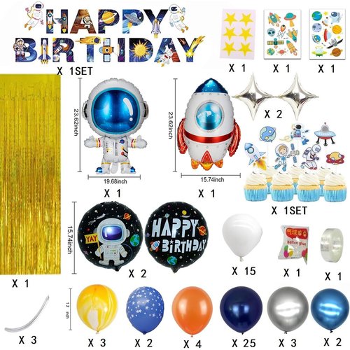 Outer Space Theme Birthday Party Decorations Happy Birthday Banner Balloons Tattoo Stickers Cake Toppers For Birthday Party, Boys Party, Astronaut Party Supplies …