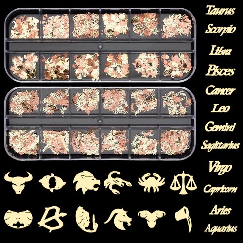 Noverlife 1200PCS Zodiac Nail Charm Flakes, 12 Constellation Alloy Nail Sequins, 3D Gold 12 Constellation Nail Glitters Zodiac Words Letters Nail Stickers, for Nail DIY Craft Scrapbooking Phone Case