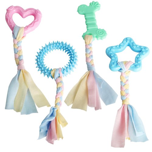 4 PCS Chew Toys for Teething, Soft Rubber Puppy Chew Toys, Puppy Teething Ring, Rope Dog Toys, Funny Interactive Toy for 2-8 Months Teething Small Dogs