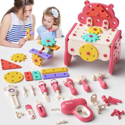 hunloot Kids Tool Set, Christmas Birthday Gift for 3 4 5+ Years, Toddler Tool Set with Electronic Toy Drill and Portable Toolbox, Toddler Construction Toy Tools Kit, Girls Pretend PlayTool Set (Pink)