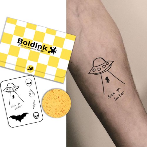 Boldink Semi-permanent tattoos, realistic fake tattoos, last 7-15 days, waterproof non-reflective temporary tattoo stickers, cruelty-free, uniquely designed exquisite packaging（UFO）