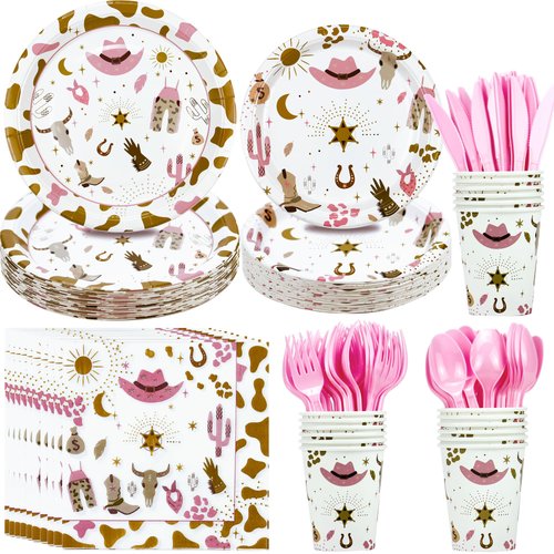 FVABO Western Cowgirl Party Decoration Tableware - Cowgirl Birthday Party Supplies Include Plate, Napkin, Tablecloth, Cutlery, Wild West Cowgirl Theme Party Decorations Dinnerware | Serve 24