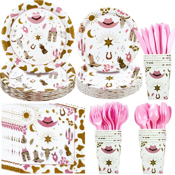 FVABO Western Cowgirl Party Decoration Tableware - Cowgirl Birthday Party Supplies Include Plate, Napkin, Tablecloth, Cutlery, Wild West Cowgirl Theme Party Decorations Dinnerware | Serve 24