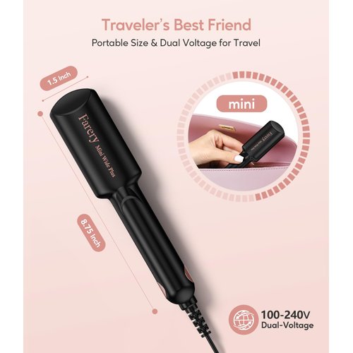 FARERY 1.5 Inch Wide Mini Flat Iron for Travel, 1 1/2 inch Ceramic Small Hair Straightener Flat Iron for Short and Long Hair, Portable Travel Mini Hair Straightener with Dual Voltage