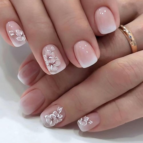Press On Nails Short Square, Pink Flower Fake Acrylic Nails Press ons Medium, Fit Perfectly & Natural Stick On Nails in 12 Sizes - 24PCS Soft Gel Fake Nails Kit