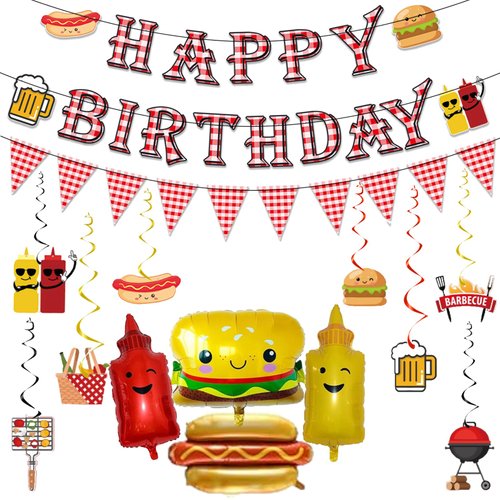 BBQ Picnic Themed Birthday Party Decorations,Barbecue Picnic Birthday Banner Hanging Swirls for Birthday Party Decor Supplies