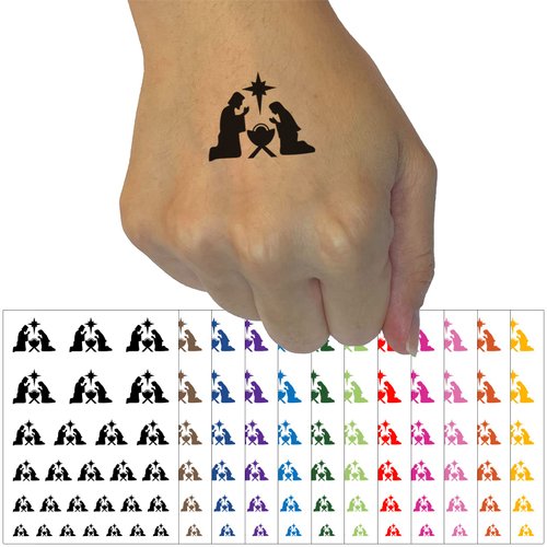 Nativity Scene Silhouette Christmas Baby Jesus Christianity Religious Temporary Tattoo Water Resistant Fake Body Art Set Collection - Black (One Sheet)