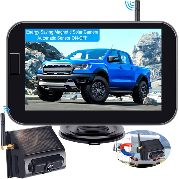 Magnetic Backup Camera Wireless Solar: Energy Saving Rechargeable Trailer Hitch Camera Easy Install No Wiring-Drilling Automatic Sensor on/Off HD 1080P 5" Monitor for Truck Car SUV RV