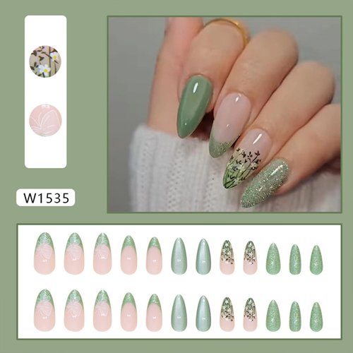 Tyuimhx Green Cat Eye Press on Nails Medium Almond Fake Nails Glitter French Tip False Nails with Flowers Designs Full Cover Stick on Nails Acrylic Artificial Nails for Women Girls Glue on Nails 24Pcs
