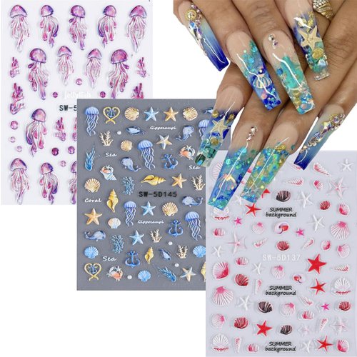 5D Embossed Beach Nail Stickers Ocean Nail Art Stickers Summer Nail Decals Self-Adhesive DIY Nail Sticker Cute Jellyfish Shell Starfish Coral Nail Supplies for Women Acrylic Nails DIY Manicure 3Sheets