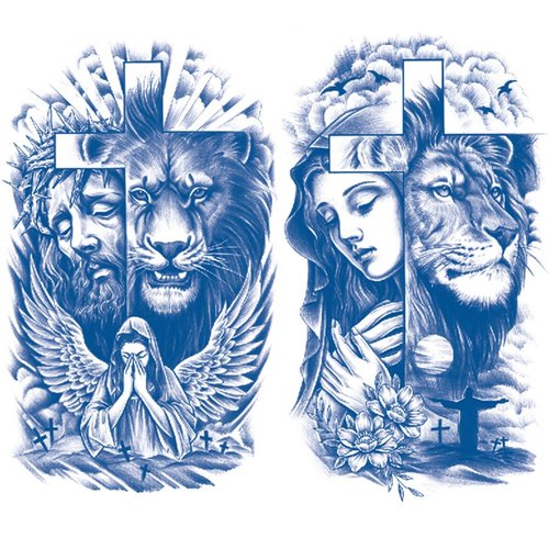 Oottati 2 Sheets Semi Permanent Waterproof Temporary Tattoos, 2 Weeks Long Last, 100% Plant-Based Ink Infinity Realistic Stickers, Lion Cross Jesus Maria