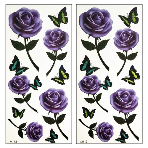Tattoos 2 Sheets Purple Rose Butterflies Butterfly Cartoon Temporary Tattoos Stickers Fake Sexy Body Arm Chest Shoulder Tattoos for Teens Men Women (06)