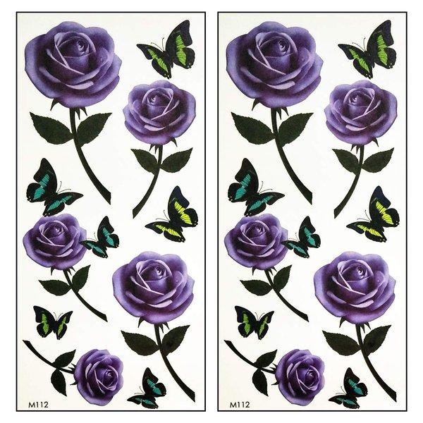 Tattoos 2 Sheets Purple Rose Butterflies Butterfly Cartoon Temporary Tattoos Stickers Fake Sexy Body Arm Chest Shoulder Tattoos for Teens Men Women (06)