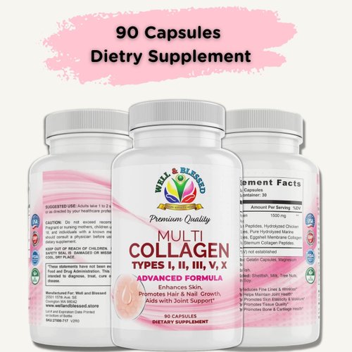 Multi Premium Collagen Supplements for Women with Vitamin C, E -Tighten Skin, Reduce Wrinkles, Strong Nails, Joints & Hair Growth - Anti Aging Skin Care Supplements for Women -90 Capsules