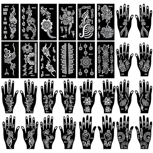 Kotbs 32 Sheets Henna Tattoo Stencils for Hands Forearm Face Paint Body Art, Temporary Glitter Airbrush Flower Tattoo Stencils for Women and Girls Reusable