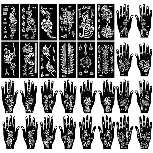 Kotbs 32 Sheets Henna Tattoo Stencils for Hands Forearm Face Paint Body Art, Temporary Glitter Airbrush Flower Tattoo Stencils for Women and Girls Reusable