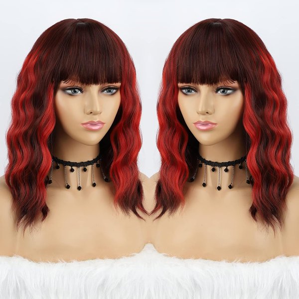 LUNDEREN Red Wig with Bangs Short Red Wavy Wigs for Women Synthetic Red Wavy Wig Heat Resistant Short Red Wigs for Daily Party Use (Red 16 inch)
