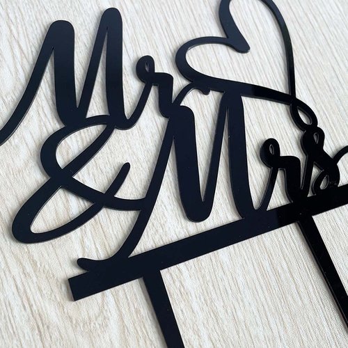 Mr and Mrs Cake Topper - Wedding, Engagement, Wedding Anniversary Cake Toppers Decorations, Black Acrylic