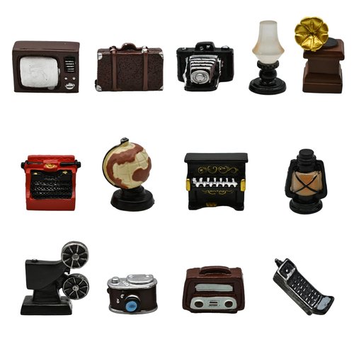 Pinenjoy 13Pcs Miniature Home Appliances 1inch Retro Dollhouse Furniture Mini Simulated Resin Camera Telephone Television Models for DIY Diorama Micro Landscape Craft