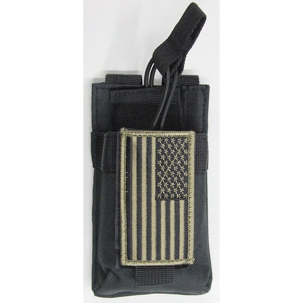 M1Surplus MOLLE Style Black Color Tactical Radio Pouch + Patriot Flag Morale Patch Fits Kenwood HT TH-D72A TH-K2AT ICOM IC-W32A IC-T81A IC-T70A-HD Wouxun KG-UV8H KG-UV6D HT Ham Radios