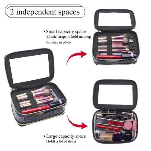 DIYOOHOMY Clear Makeup Bags With Zipper Black Clear Cosmetic Small Make Up Case Compartments Brush Travel Leather Toiletry Women Beauty Organizer Multipurpose Transparent Waterproof Pouch (Black)