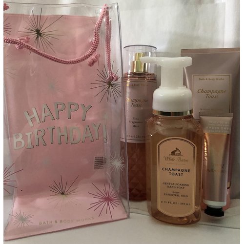 Bath and Body Works Happy Birthday Champagne Toast Gift Bag Set, Full Size Body Cream, Fragrance Mist, Gentle Foaming Soap and Hand Cream