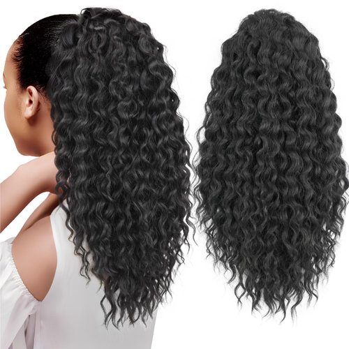 Somoreaty Curly Ponytail Extension for Black Women 20 Inch Wavy Curly Drawstring Ponytail Clip in Hair Extensions Synthetic Hairpieces Pony Tails Hair Extensions for Women(1B)
