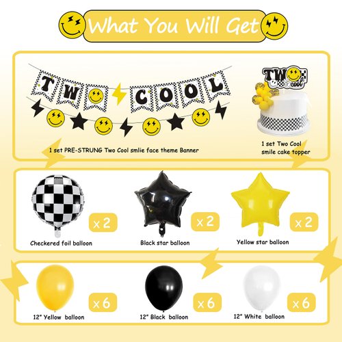 Two Cool Dude Birthday Party Decorations, Two Cool Second Birthday Banner Balloon Cake Topper for Two Year Old Happy Dude Yellow Black Lightening Checkered Party Decor