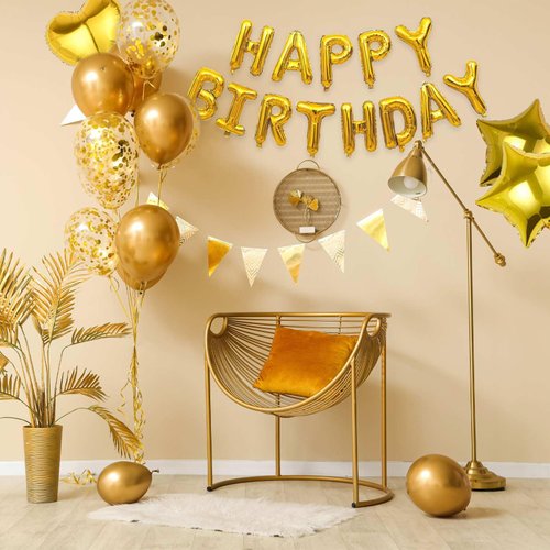 WEIKA 27 Pcs Gold Birthday Decorations, 3D Foil Gold Happy Birthday Balloon Banner, Pentagram Heart Foil Balloons Confetti Balloons Kit For Boys Girls Birthday Party Supplies