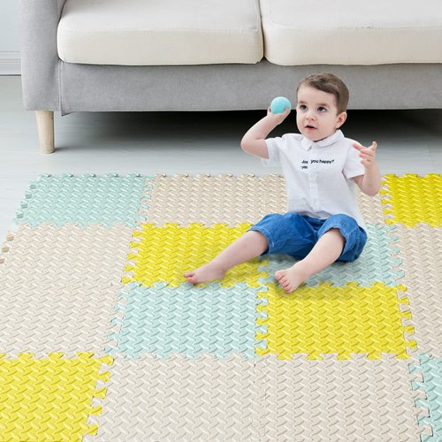 Tamiplay Foam Floor Mats for Kids, 12 x 12 Inch 16 Tiles 0.4" thickness Foam Play Mat, Non-Toxic Square Interlocking Floor Mats Rubber Baby Play Mat for Toddlers(Beige/Yellow/Bean Green)