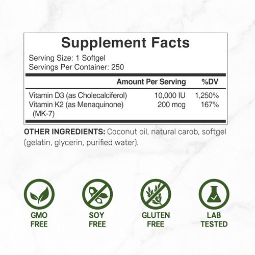 DEAL SUPPLEMENT Vitamin D3 10,000 IU + K2 MK7 200mcg Softgels, 250 Count | 2-in-1 Complex with Virgin Coconut Oil | Supports Heart, Bone, Teeth & Immune Health | Easy to Swallow