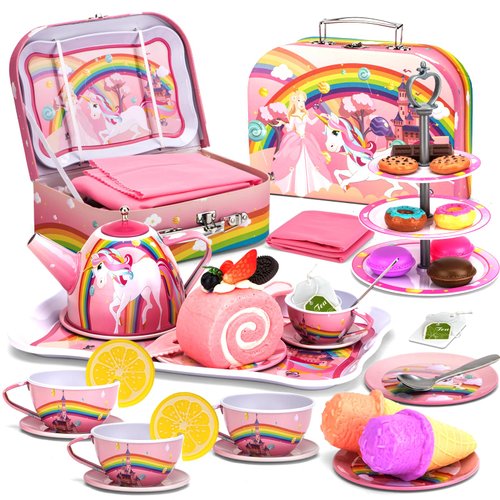 SPEEDYEAH Let Your Child's Inner Princess Shine with This Unicorn Tea Party Set – a Captivating Pretend Purple Tin Teapot Set for an Unforgettable Tea time Experience, Red