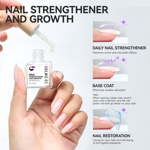 Gelike EC Nail Ridge Filler: Natural Nail Growth Treatment for Weak and Damaged Nails, Protein Nail Hardener for Home Salon Work, Light Milky Wihte