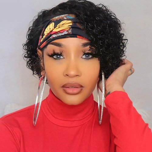 SWEETGIRL Curly Headband Wig Human Hair Short Wigs for Black Women 8 Inch Glueless Curly Bob Wig None Lace Front Half Wig Natural Color 150% Density