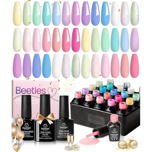 beetles Gel Polish Nail Set 20 Colors Summer Pastel Girly Sparkle Glitter Uv Gel Dreamy Town Collection Macaroon Bright Pastel Nail Manicure Kit with 3Pcs Base Top Coat Gift for Girls