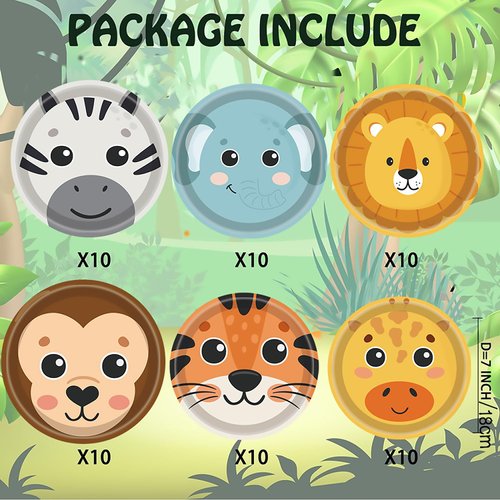 60Pcs Jungle Safari Party Paper Plates Jungle Zoo Animal Print Party Supplies 7"Animal Shaped Plates Safari Theme Party Plates for Baby Shower Jungle Animal Theme Birthday Party Decorations
