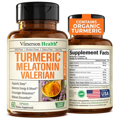 Turmeric, Melatonin & Valerian Root Sleep Aid Supplement. Natural Sleep Aid for Adults with L-Theanine, Ginger & Black Pepper Extract. Melatonin 3mg, Valerian Root Capsules. Relaxation & Sleep Support