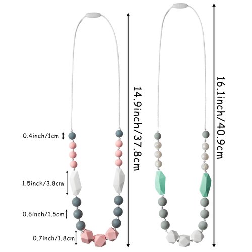 QIMGIC Baby Teething Necklace for Mom - 2PCS Babies Nursing Necklaces for Mom to Wear, Sensory Teether Toy for Kids Adults Toddlers, Teethers Jewelry for Baby Shower Birthday Gift (Pink White, Green)