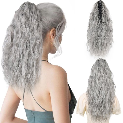 MAYSA Grey Ponytail Hair Extension 18in Silver Claw Clip in Wavy Ponytail Extensions Synthetic Fake Curly Ponytails Hairpieces for Women #Grey