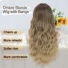 QYDEERY Blonde Wig with Bangs for Women Long Ombre Blonde Wavy Wigs with Dark Root Curly Synthetic Wig Natural Looking Hair Heat Resistant Wigs for Daily Party Use