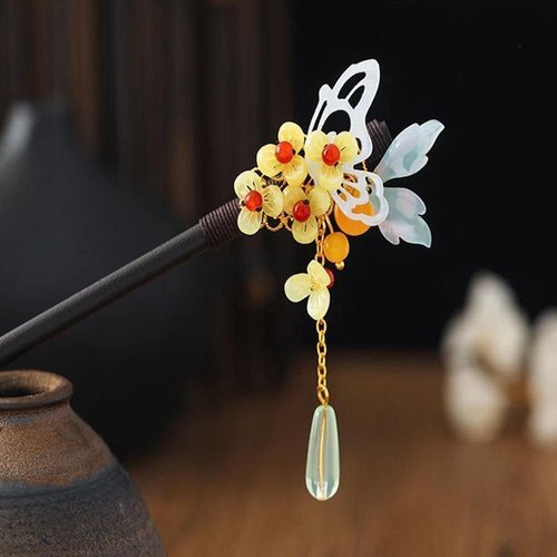 Blue Chinese Hair Stick, Vintage Wooden Hairpin, Handmade Flower Hair Chopsticks with Tassel, Hair Stick Wedding Party Hair Stick Hanfu Hairpins, Accessories For Long Hair Buns, Hair Styling Pins