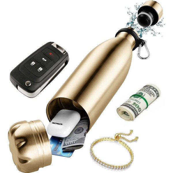 Diversion Safe Water Bottle - Gold -Stainless Steel Bottle with Hidden Compartment for Cards, Keys, Cash, and Valuables - Insulated Bottle for Hot and Cold Drinks - 18 Ounces